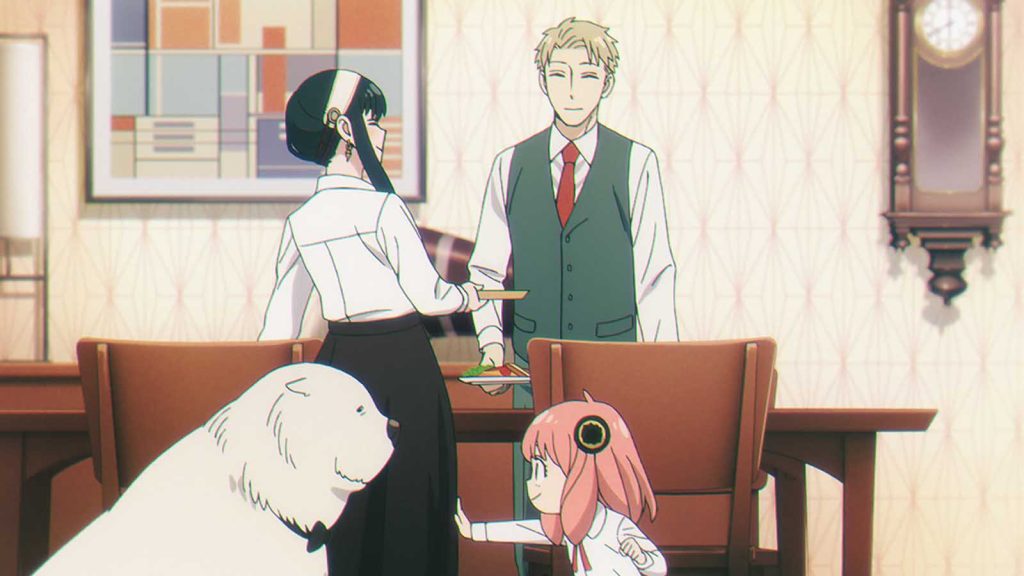 The Forgers Yor, Loid, Anya, and Bond having dinner in Spy x Family.