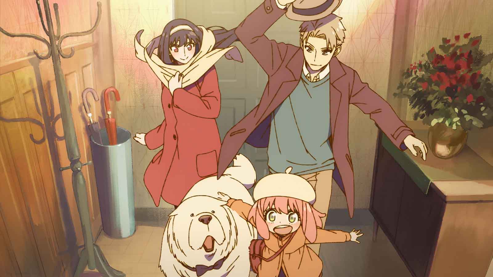 Spy x Family characters Yor, Loid, Anya, and Bond (the Forger family).