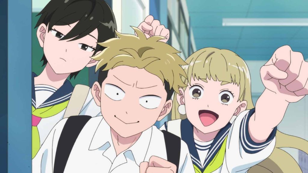 Suzuki and Tani's classmates, Natsumi Nishi, Kentarou Yamada, and Manami Watanabe in You and I Are Polar Opposites anime.