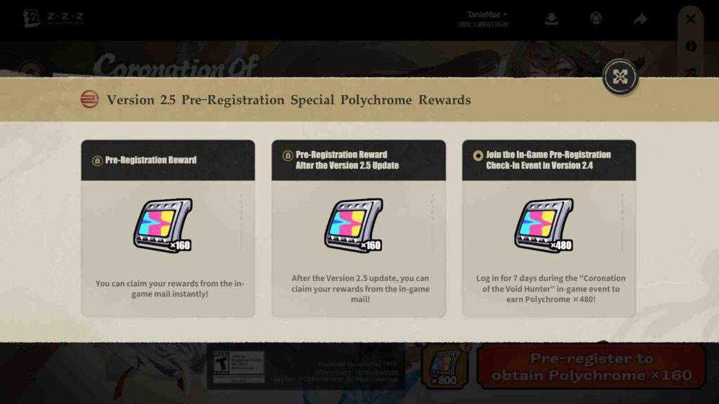 Zenless Zone Zero version 2.5 pre-registration rewards
