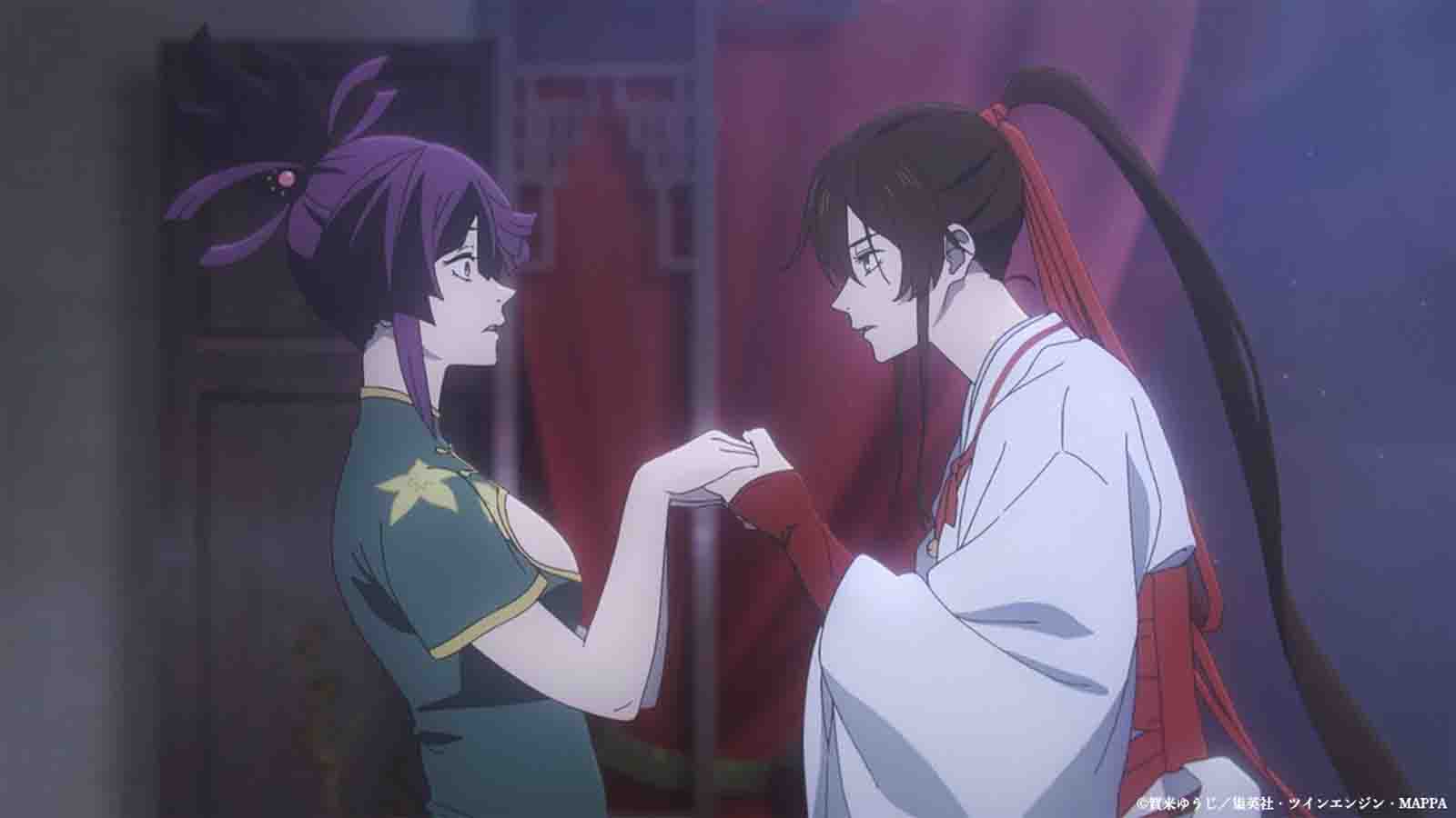 Hell's Paradise characters Sagiri Yamada Asaemon seen comforting Yuzuriha