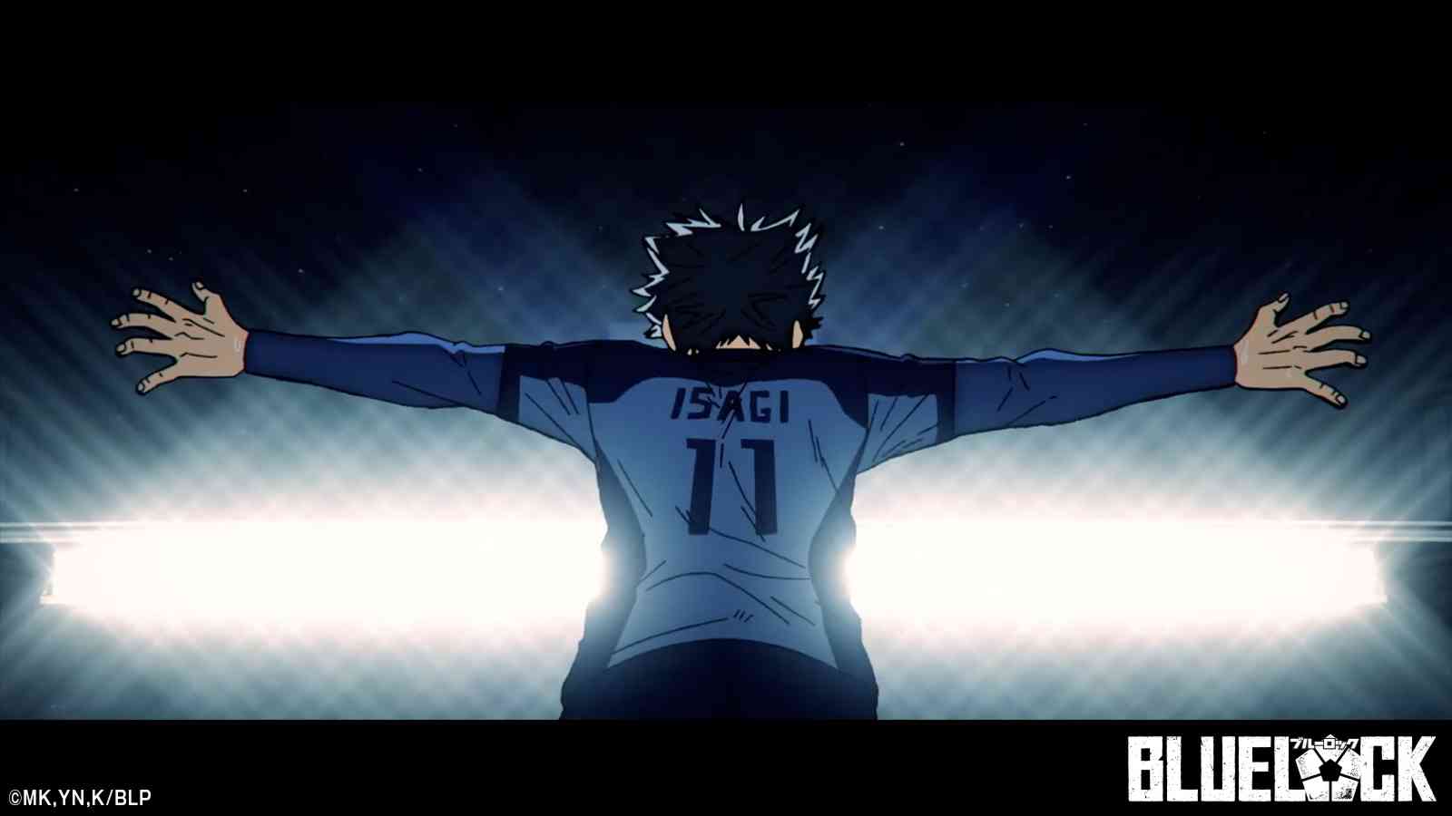 Yoichi Isagi standing with arms outstretched facing towards the bright lights on the football field after scoring a goal in U20 match