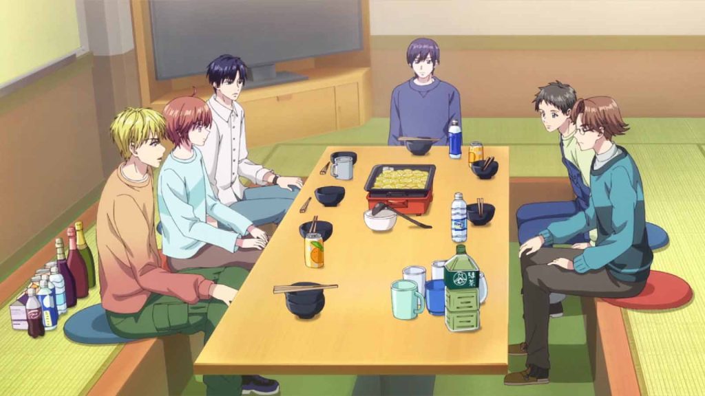 Hana Kimi anime episode 4 featuring Nakatsu Shuichi, Mizuki Ashiya, Izumi Sano, Kyogo Sekime, Daiki Kayashima, and Shinji Noe enjoying some lemon hot pot.