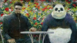 Jujutsu Kaisen season 3 opening showing Masamichi Yaga and Panda painted in the style of Claude Monet's "Camille Monet and a Child in the Artist's Garden in Argenteuil"