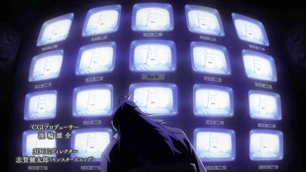 Kenjaku using Suguru Geto's body as he monitors Tengen in rows of security monitors doing surveillance in Jujutsu Kaisen season 3 opening