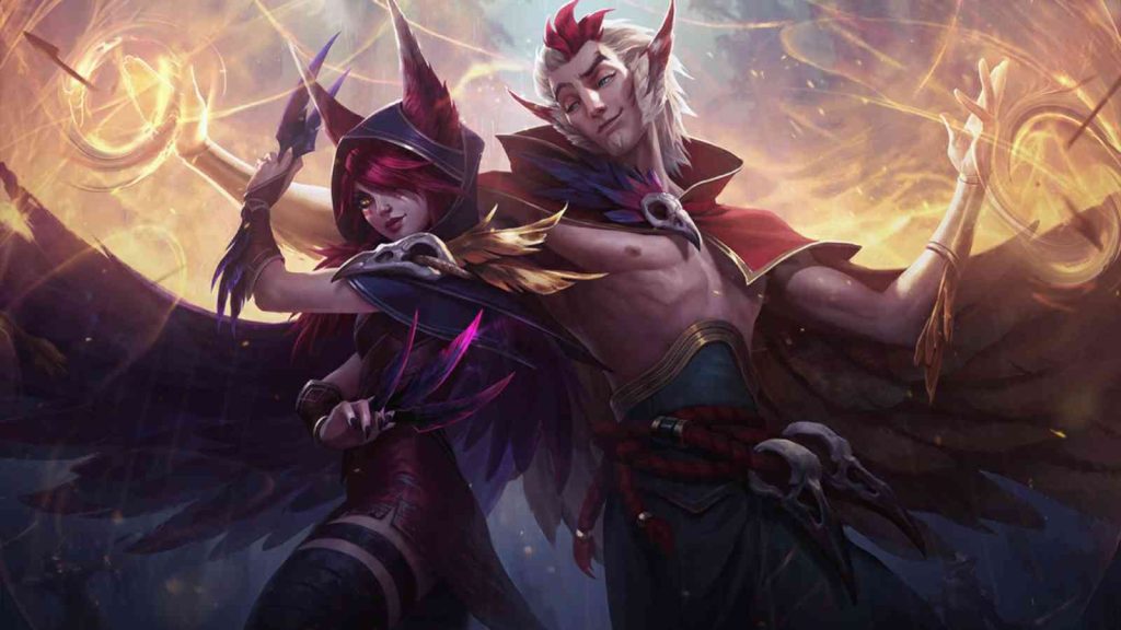 League of Legends champions Xayah and Rakan base splashart