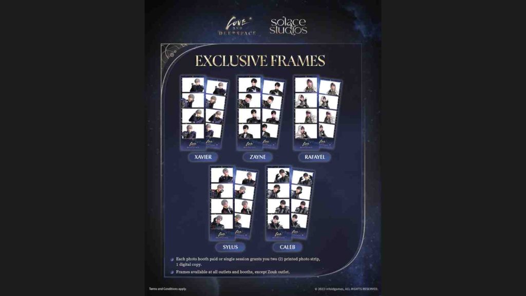 Love and Deepspace x Solace Studios collaboration exclusive frames featuring the five male leads