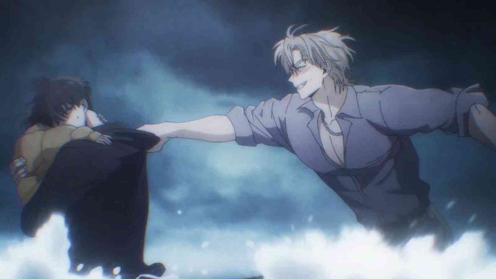 Low Tide in Twilight anime screenshot of Yeo Taeju grabbing Kim Euihyun by the collar in the sea in official trailer