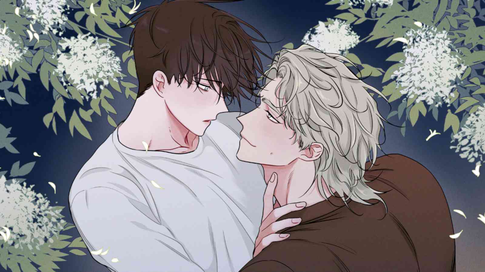 Low Tide in Twilight Kim Euihyun and Yeo Taeju embracing each other against backdrop of white flowers