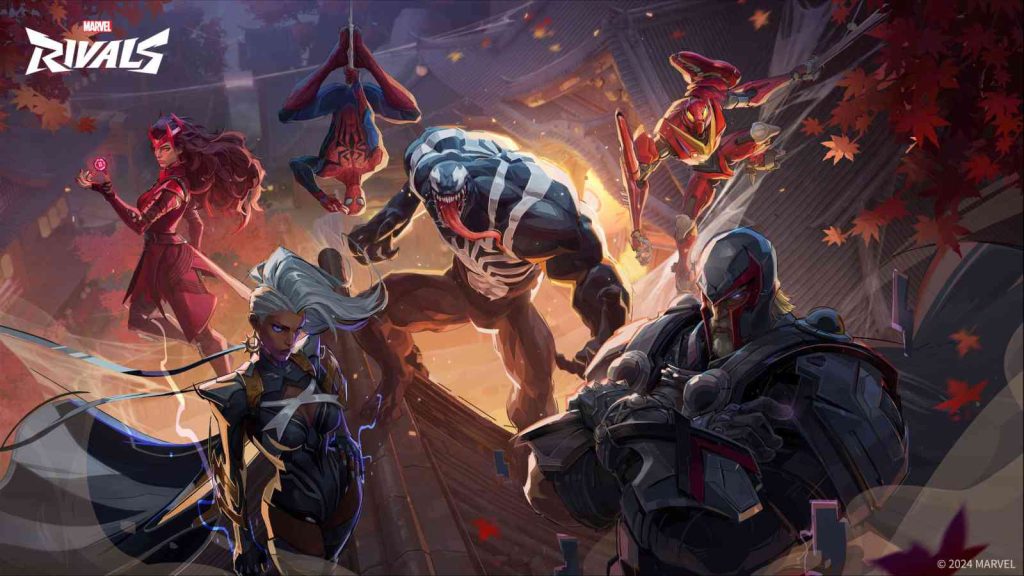 Marvel Rivals key visual featuring Spider-Man, Scarlet Witch, Storm, Venom, and Thor