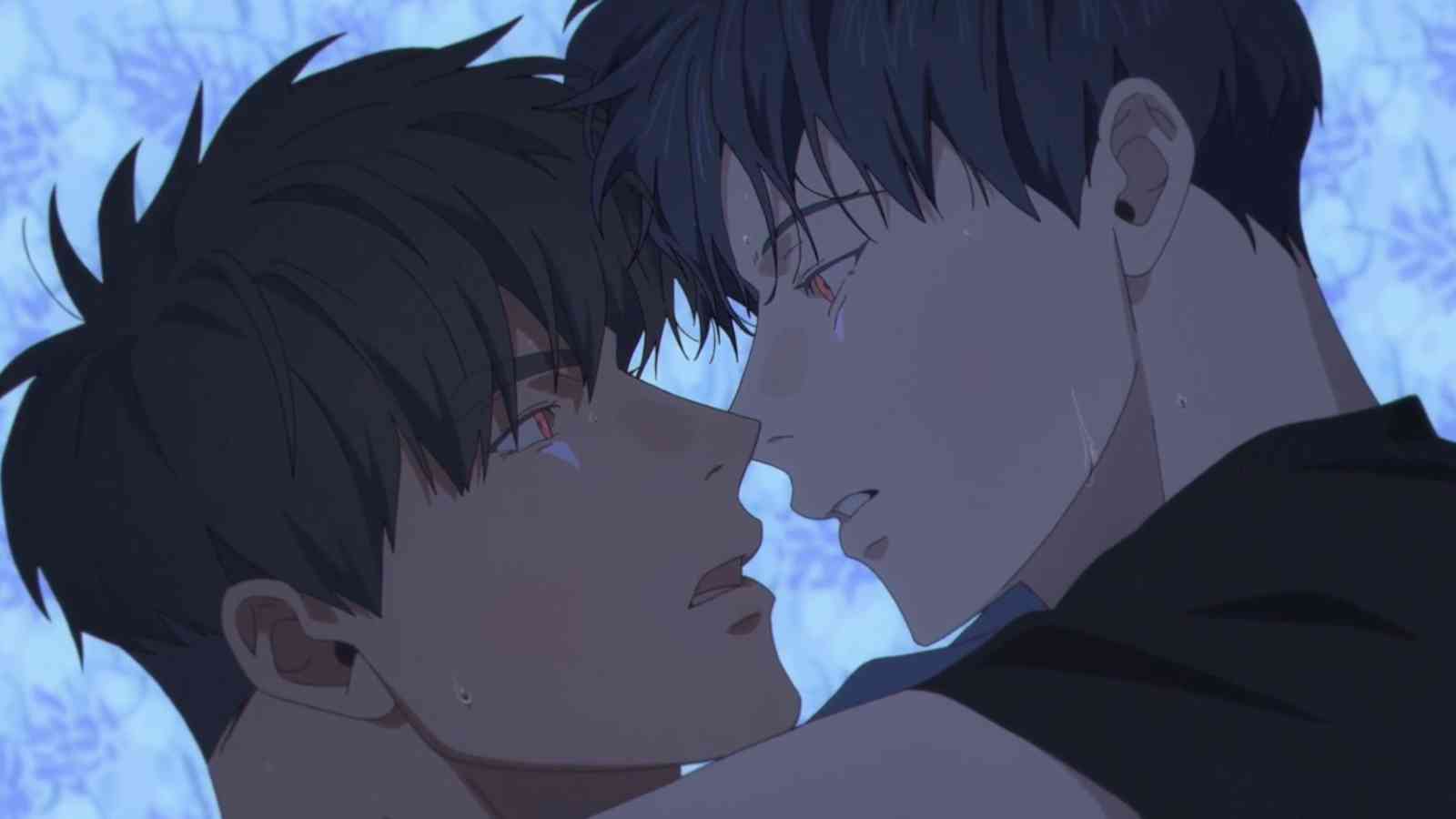 Mignon and Oh Young One embrace in a close-up shot in the Mignon anime