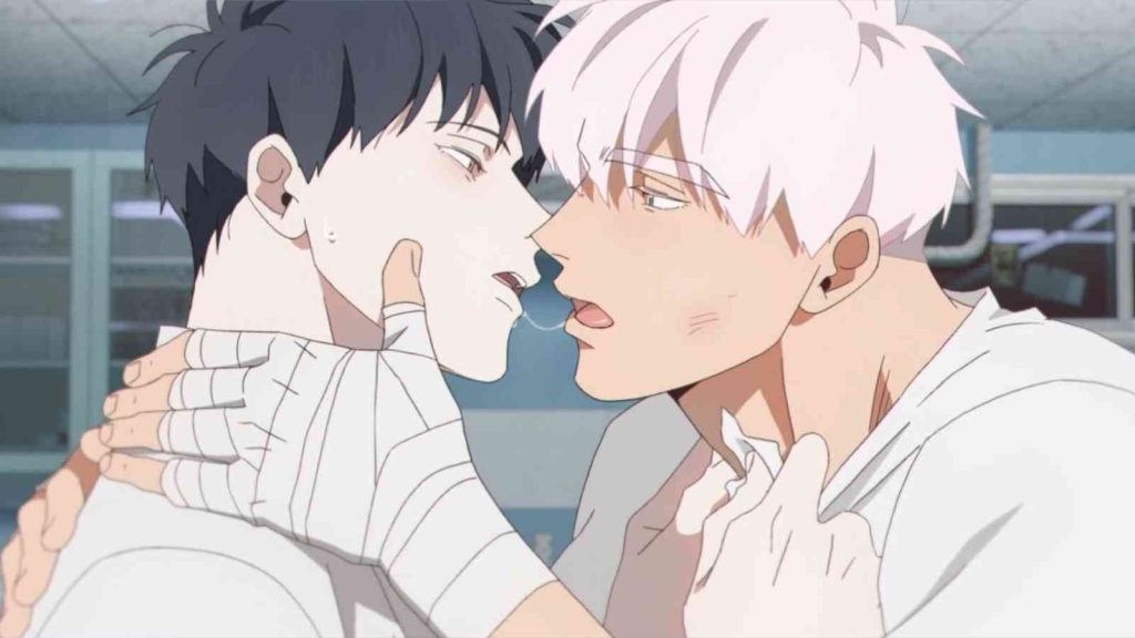 An injured Mignon and Dr Oh pulls away after kissing in the informatory in the Mignon anime