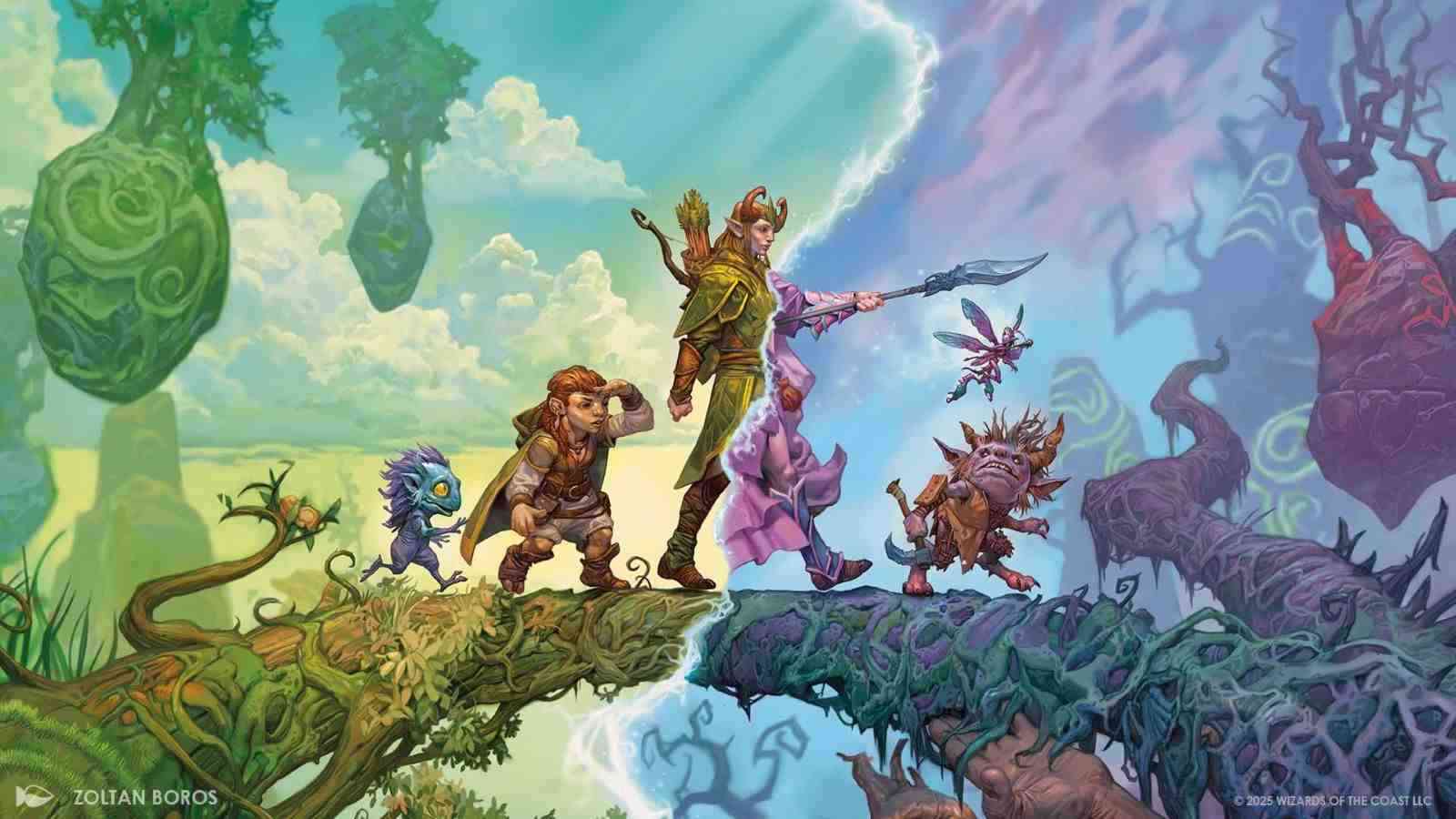 MTG Lorwyn Eclipsed key visual showing a group of fantastical creatures walking over a tree bridge and the Aurora border in between