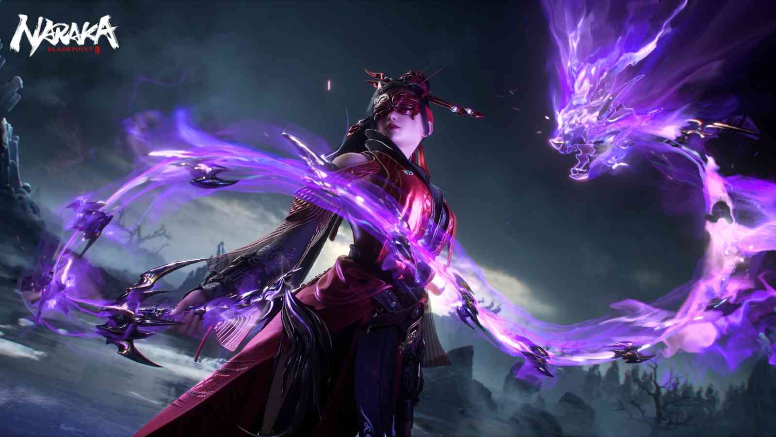 Viper Ning in Naraka Bladepoint with purple dragon effect official wallpaper