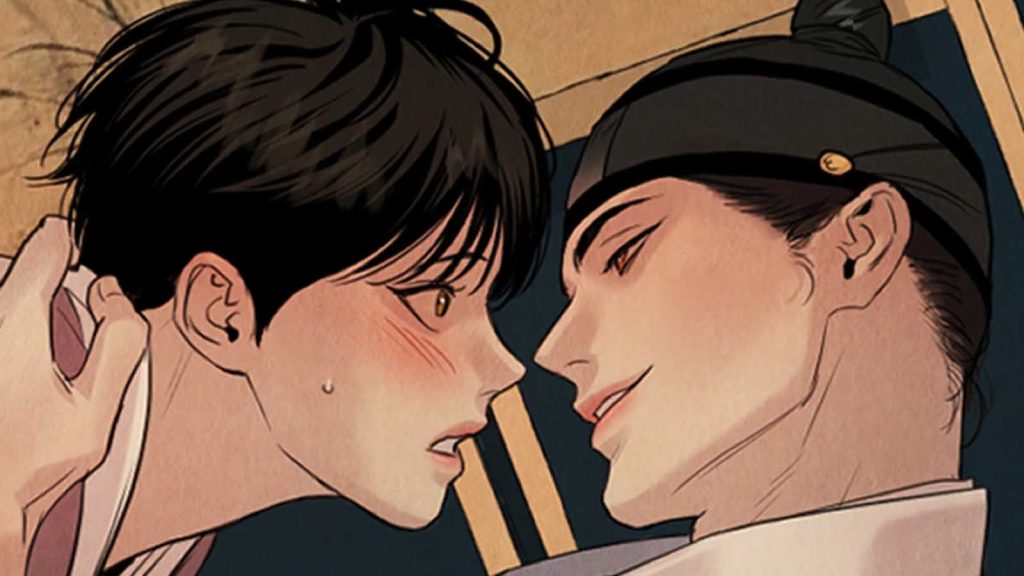 Boys Love manhwa Painter of the Night key visual showing Yoon Seungho holding Baek Nakyum's neck