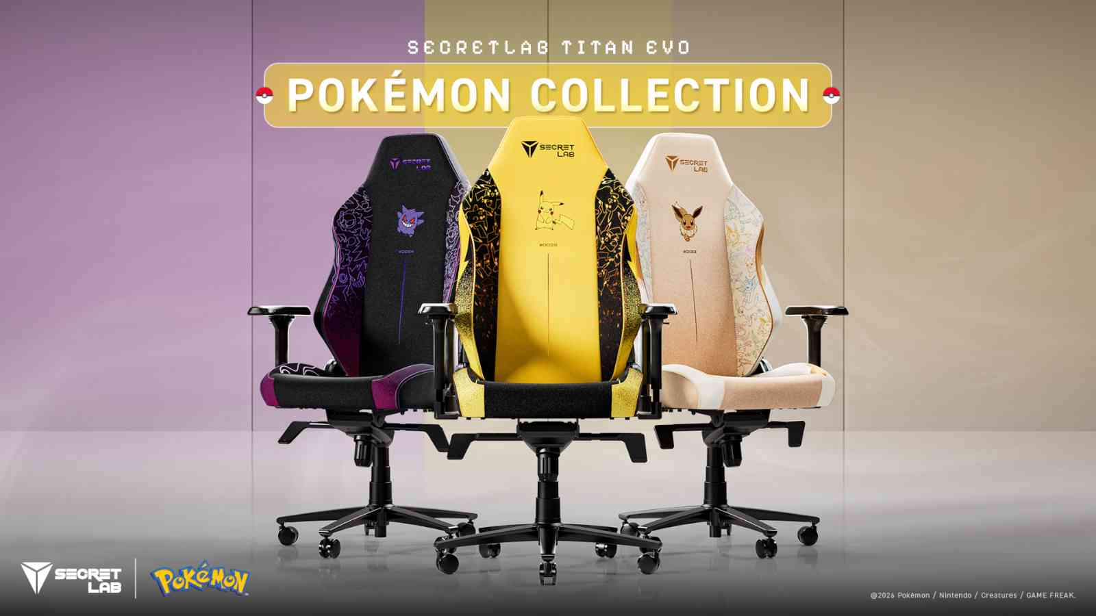 Secretlab Pokemon chairs collection Evo Titan featuring Gengar, Pikachu, and Eevee