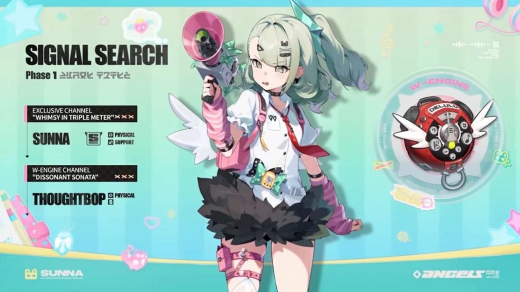 Zenless Zone Zero 2.6 banner for phase 1 featuring Angels of Delusion member, Sunna, along with her W-Engine, Thoughtbop.
