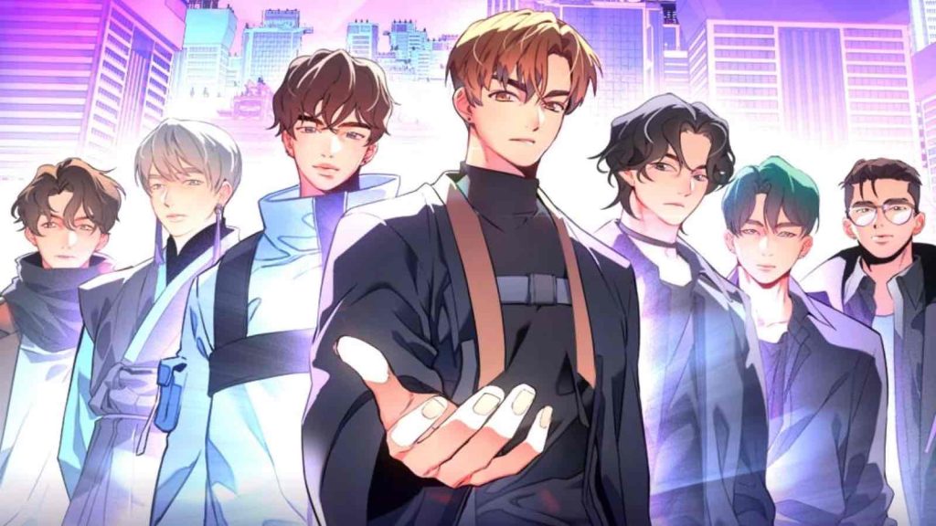 The Webtoon cover for 7Fates Chakho, a manhwa inspired by the members of the boy group, BTS. The cover shows Jin, J-Hope, RM, V, Jung Kook, Jimin, and Suga.