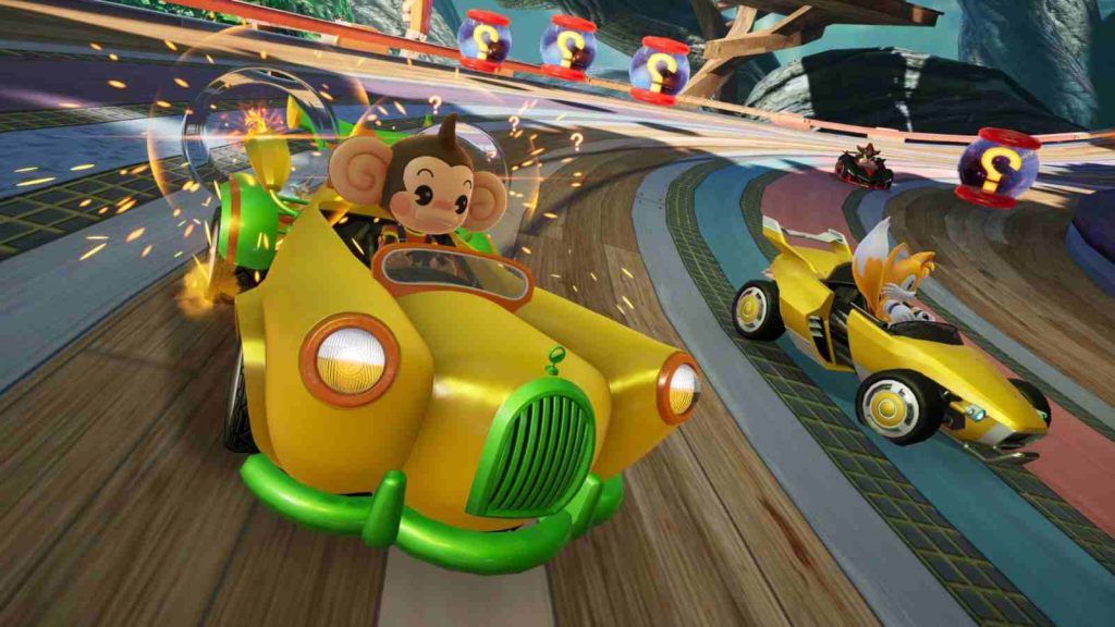 Aiai from Super Monkey Ball drives Banana Cruiser in Sonic Racing CrossWorlds