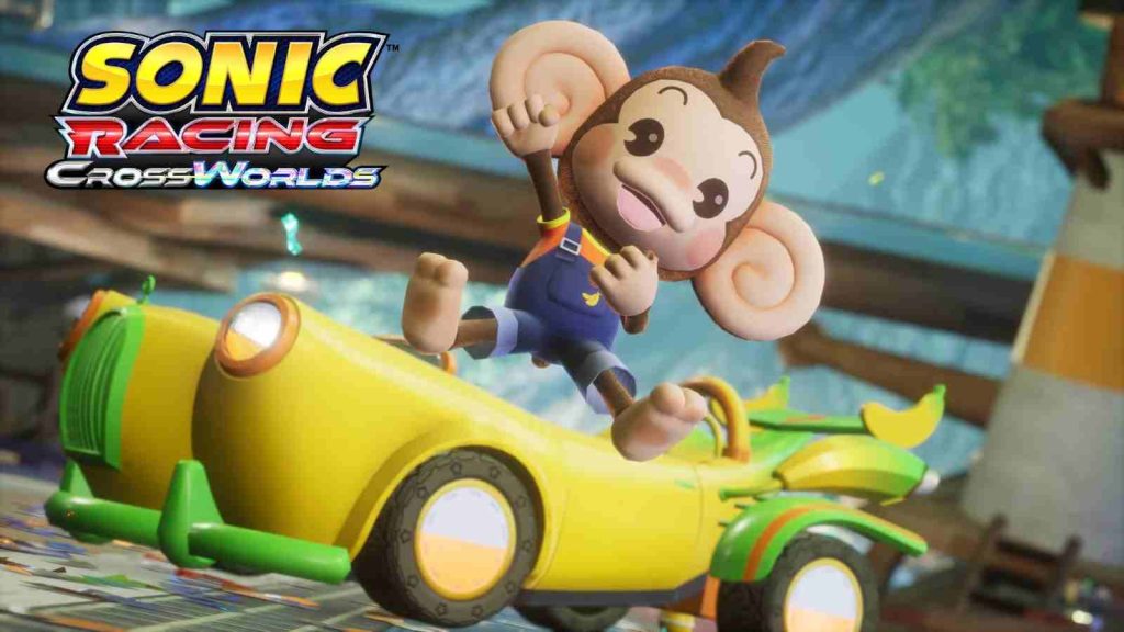 Aiai from Super Monkey Ball posing happily with Banana Cruiser in Sonic Racing CrossWorlds key visual