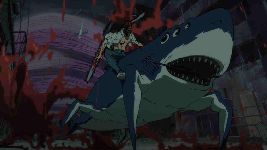 Denji as Chainsaw Man riding Beam, the Shark Devil, in Chainsaw Man Movie Reze Arc