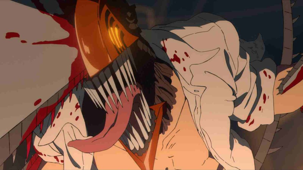 Denji transforms into Chainsaw Man with tongue out and ripped clothes in Chainsaw Man Movie Reze Arc