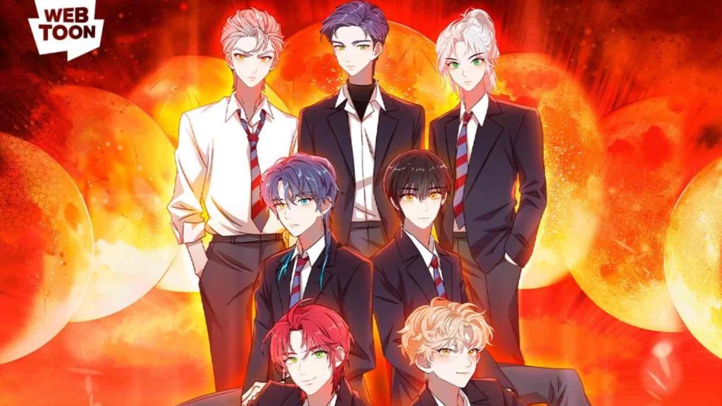 The Webtoon cover for Dark Moon The Blood Altar, a manhwa based on the boy group Enhypen. The cover shows all seven members of the K-pop group.