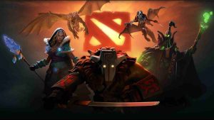 Dota 2 key visual featuring Crystal Maiden, Dragon Knight, Juggernaut, Queen of Pain, Rubick