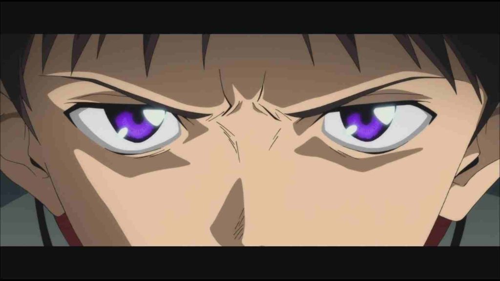 Close up of Shinji Ikari frowning face in Evangelion: 3.0+1.0 Thrice Upon a Time