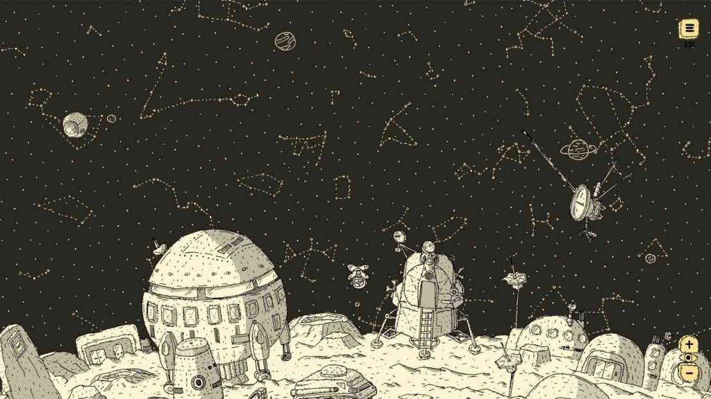 A screenshot from the Finding Polka game featuring the outer space showing dashed and dotted lines of constellations, space buggies, and more.