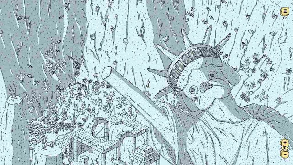 A screenshot from Finding Polka game featuring a statue of a dog dressed as the Statue of Liberty.