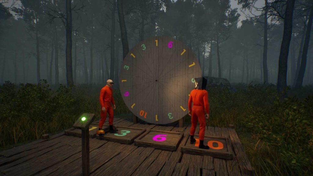 Two Forest Escape game players standing in front of a roulette with numbers in the middle of a forest.