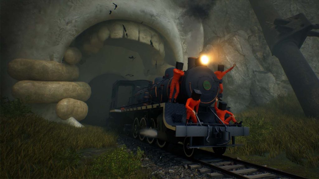 A group of four players in Forest Escape: Last Train riding the front part of a train as it leaves a tunnel resembling a mouth.