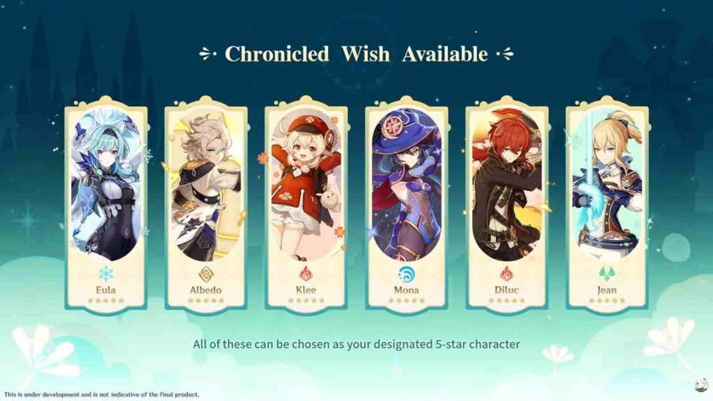 Chronicled Wish Mondstadt characters featuring Elua, Albedo, Klee, Mona, Diluc, and Jean