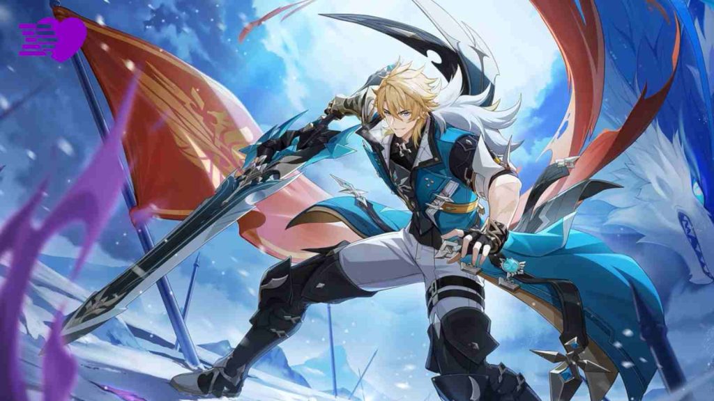 Varka holding Gest of the Mighty Wolf Claymore weapon posing with red flag behind him