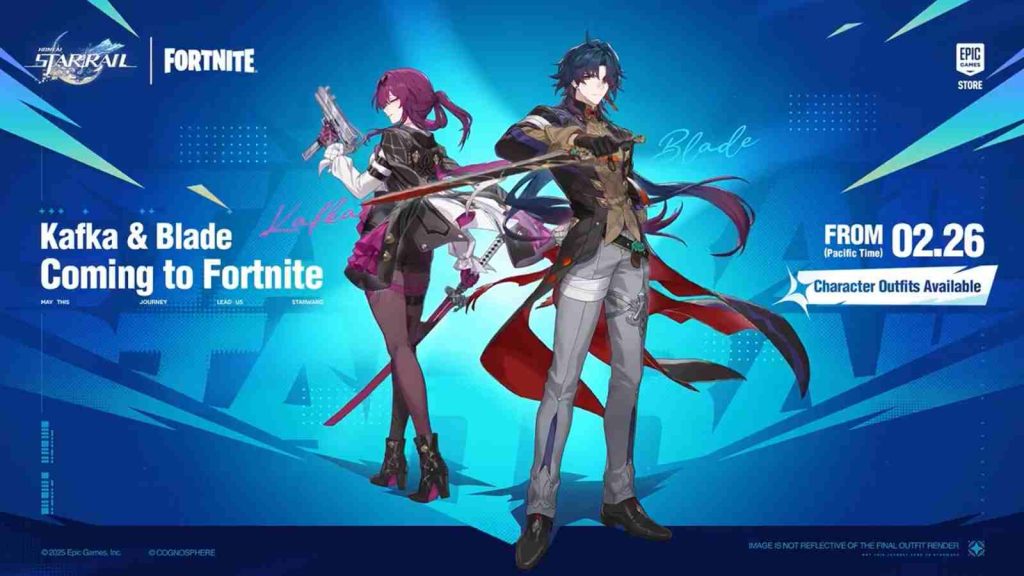 Honkai Star Rail x Fortnite collaboration featuring Blade and Kafka releasing on February 26, 2026