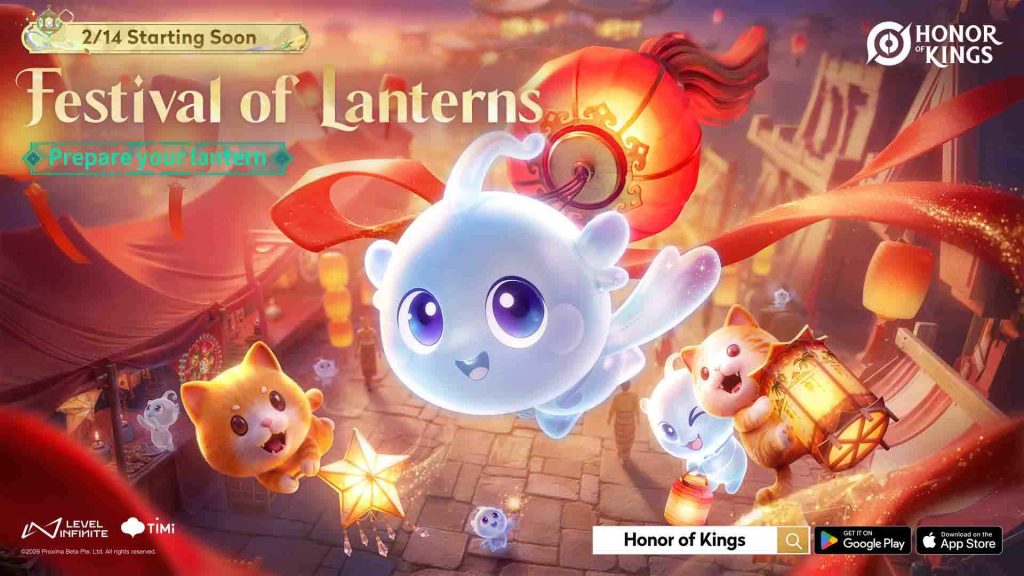 Key visual for Honor of Kings event Festival of Lanterns featuring cats floating and holding lanterns as they celebrate the Lunar New Year.