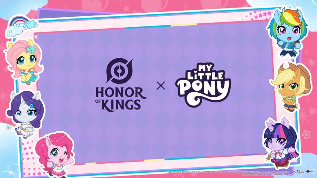 Key visual for Honor of Kings and My Little Pony collaboration featuring six different My Little Pony characters in a purple background.