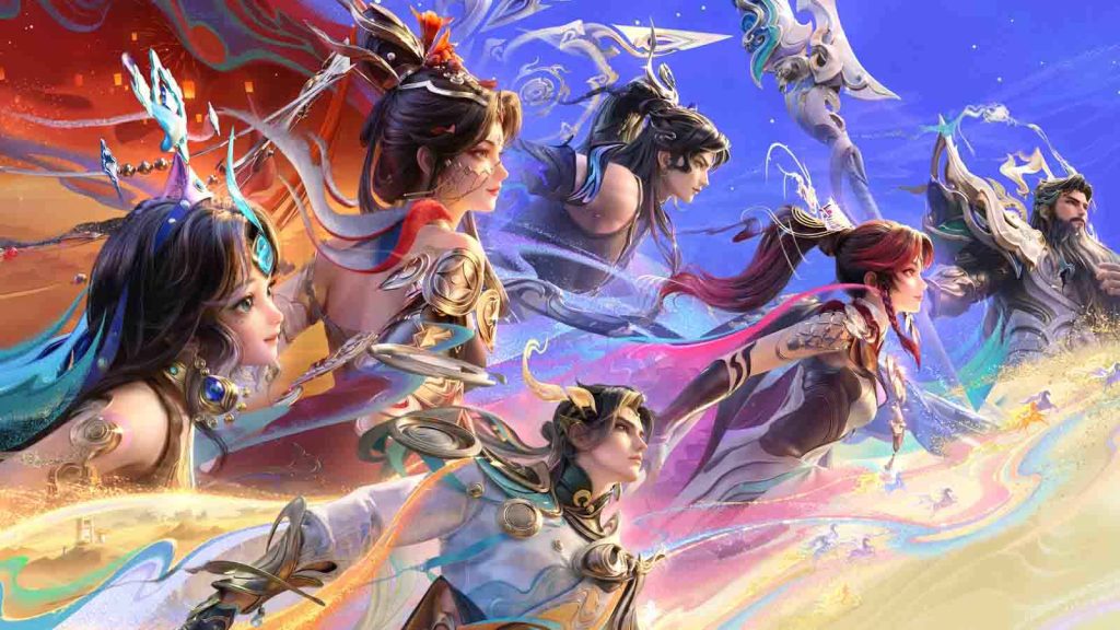 Honor of Kings Year of the Horse skins featuring Diaochan, Di Renjie, Guan Yu, Ying, and Dolia all looking to the left direction.