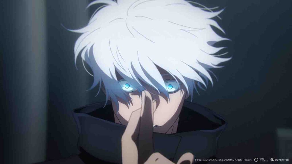 Jujutsu Kaisen character Satoru Gojo seen performing the hand sign to activate his Domain Expansion Unlimited Void