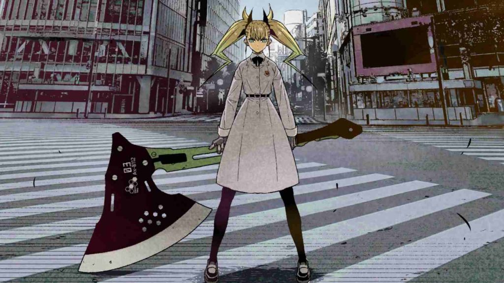 Kikoru Shinomiya in Kaiju no 8 manga holding her weapon, a large axe, on the streets of Tokyo