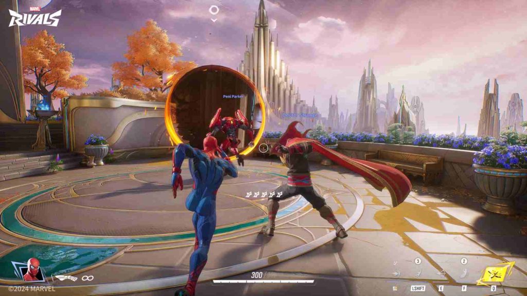 Spider-man, Peni Parker, and Dr Strange attempt to enter his portal in Marvel Rivals gameplay