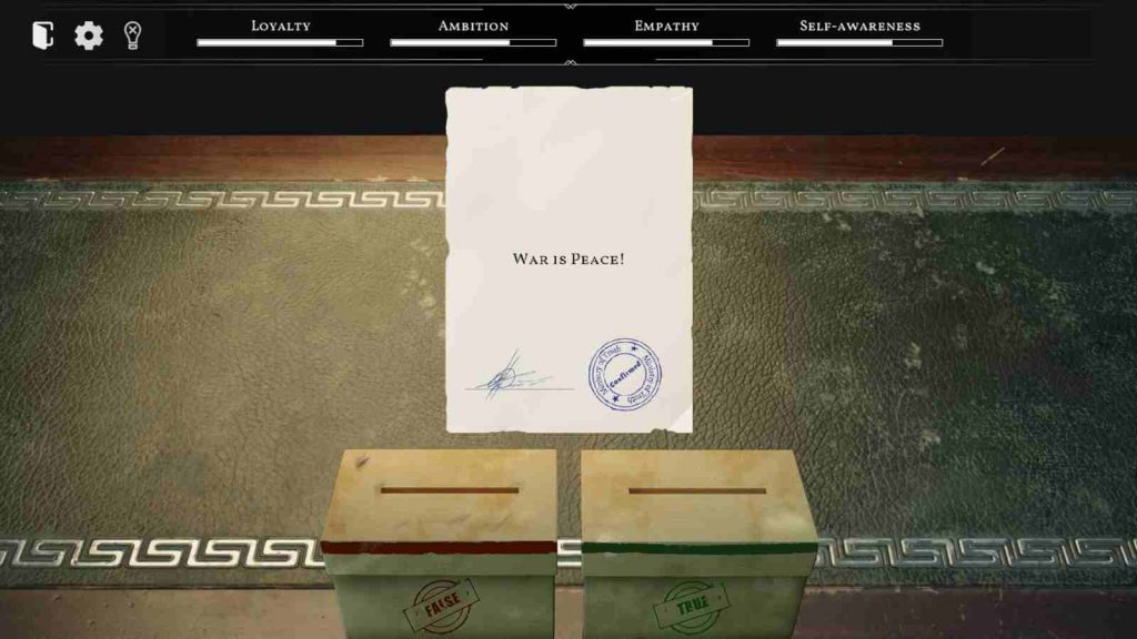 Ministry of Truth 1984 gameplay showing "War is peace" slogan