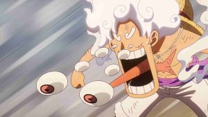Luffy's eyes popping out of his face while he's using Gear 5 in One Piece anime