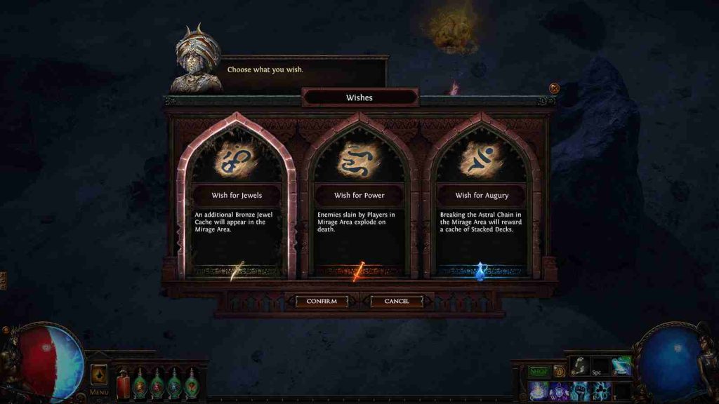Path of Exile Mirage update showing different wishes that you need to choose 