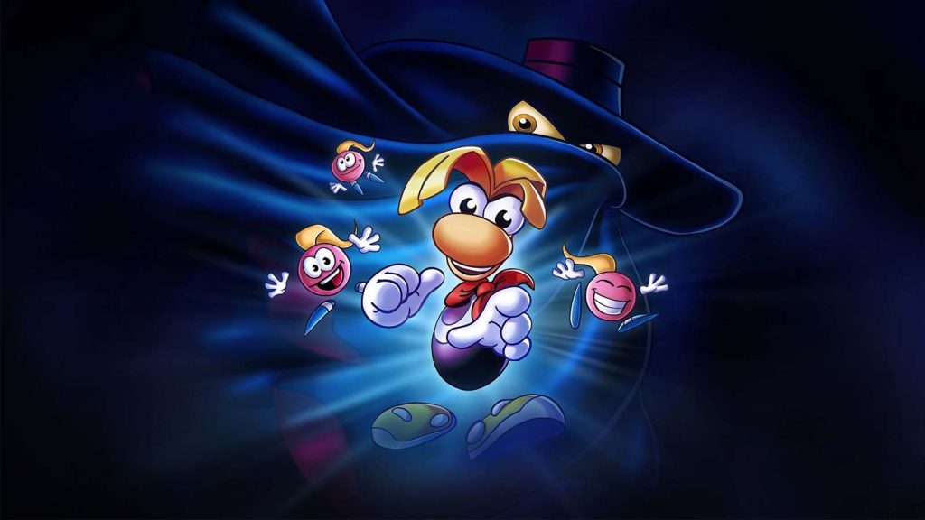 Rayman 30th Anniversary Edition key visual featuring Rayman and The Electoons, with Mr. Dark in the background.