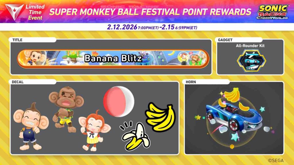 Super Monkey Ball Festival event rewards in Sonic Racing CrossWorlds