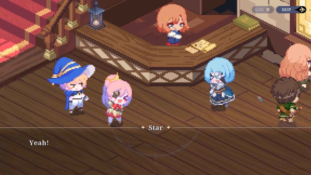 Star, Yu, and others in a conversation in Stardust Wish of Witch. The screenshot shows the four characters inside an establishment with wooden flooring and panels.