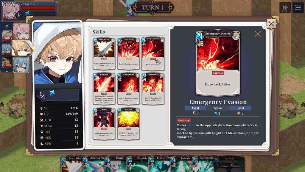 The skill page for the mage Yu in Stardust Wish of Witch. The screen shows the character's stats, basic attack, mana, cost, and more.