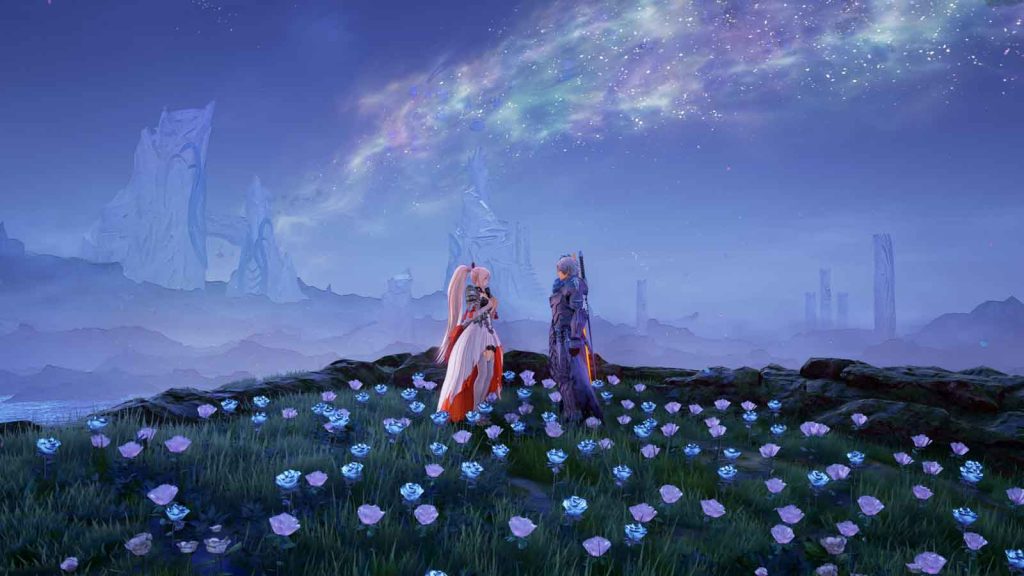 Shionne Vymer Imeris Daymore and Alphen standing on a bed of flowers in Tales of Arise Beyond the Dawn Edition.